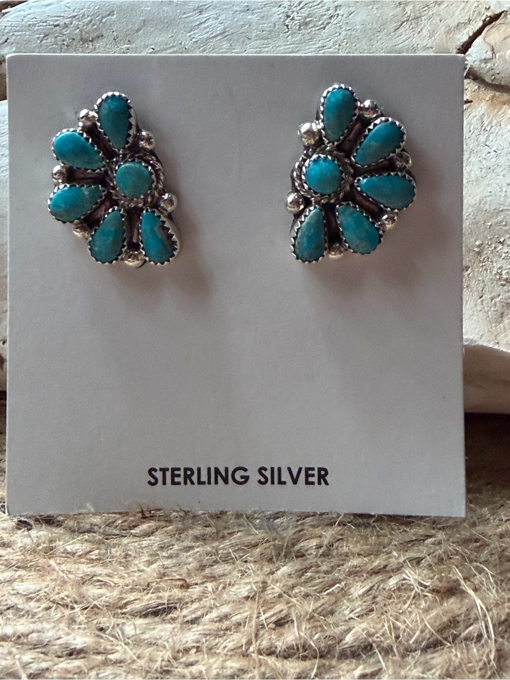 Zuni Alicia Wilson Sterling Silver Turquoise Floral Cluster Stud Earrings